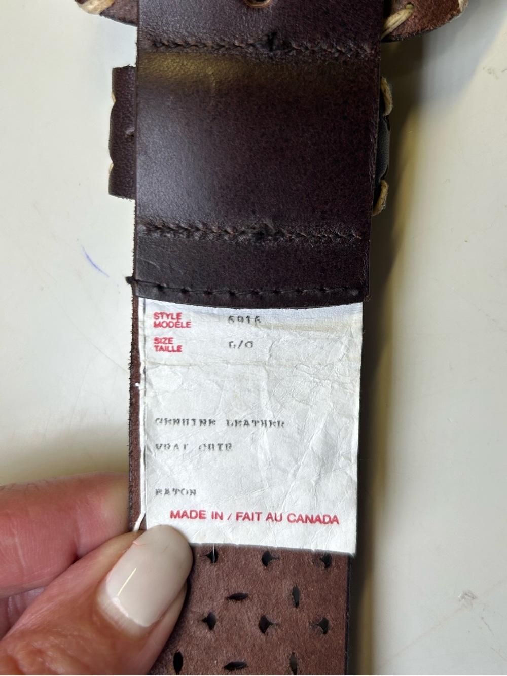 Brown Perforated Leather Belt Wrapped Buckle Whipstitch Detail One Size/L - Picture 8 of 12